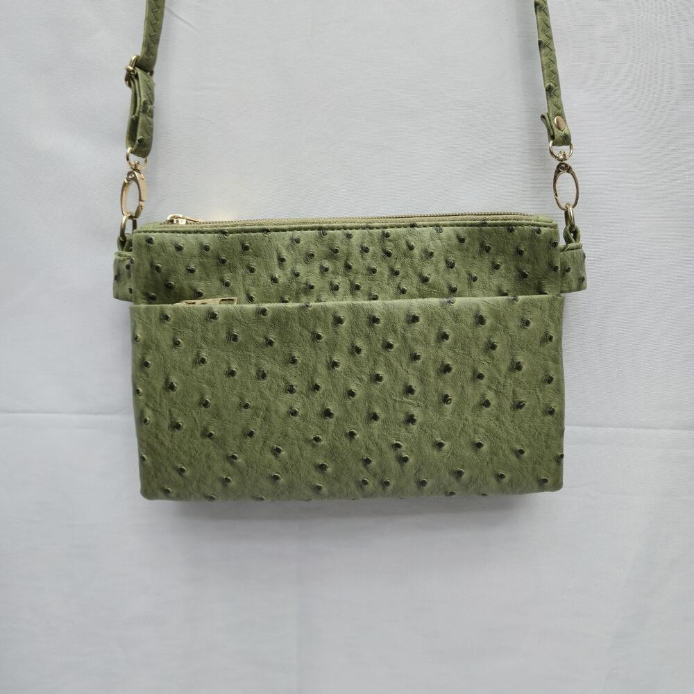 Green Faux Ostrich Leather Multi Pocket Triple Zip Crossbody Purse